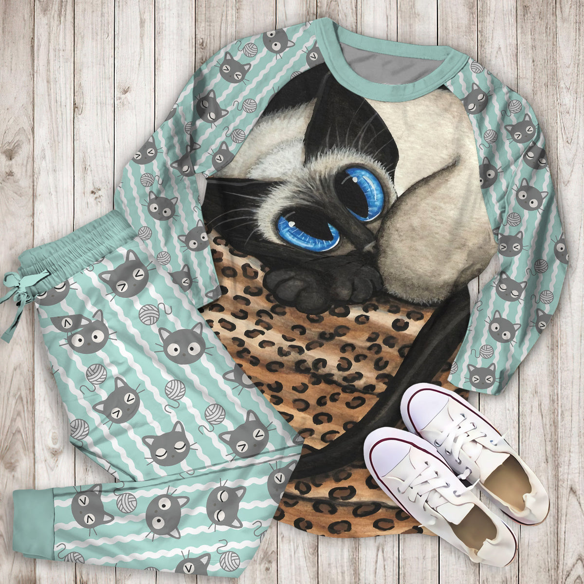 Cat Siamese Pajama Set |Sleepwear Pjs Sets | Raglan Shirt Pants Set