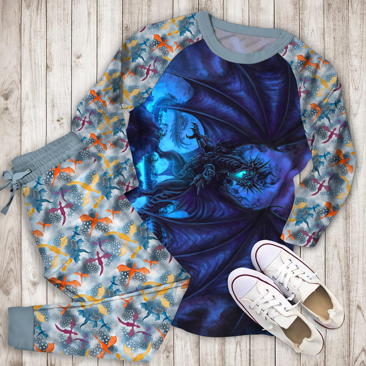 Dark Blue Dragon Pajama Set |Sleepwear Pjs Sets | Raglan Shirt Pants Set