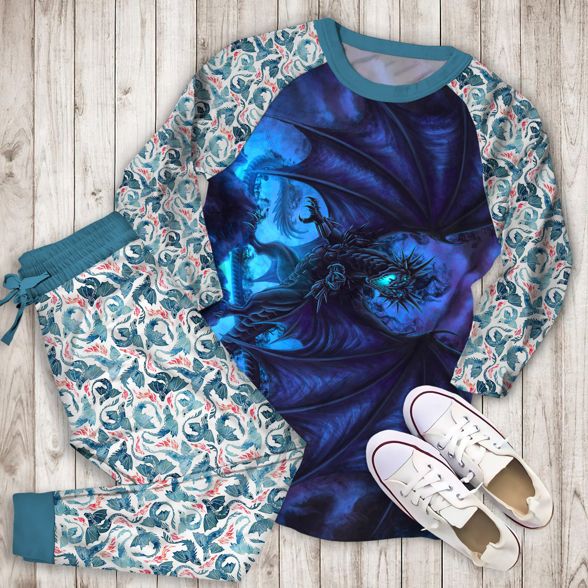 Dark Blue Dragon Pajama Set |Sleepwear Pjs Sets | Raglan Shirt Pants Set