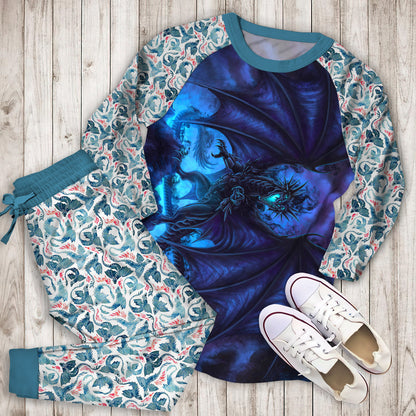 Dark Blue Dragon Pajama Set |Sleepwear Pjs Sets | Raglan Shirt Pants Set