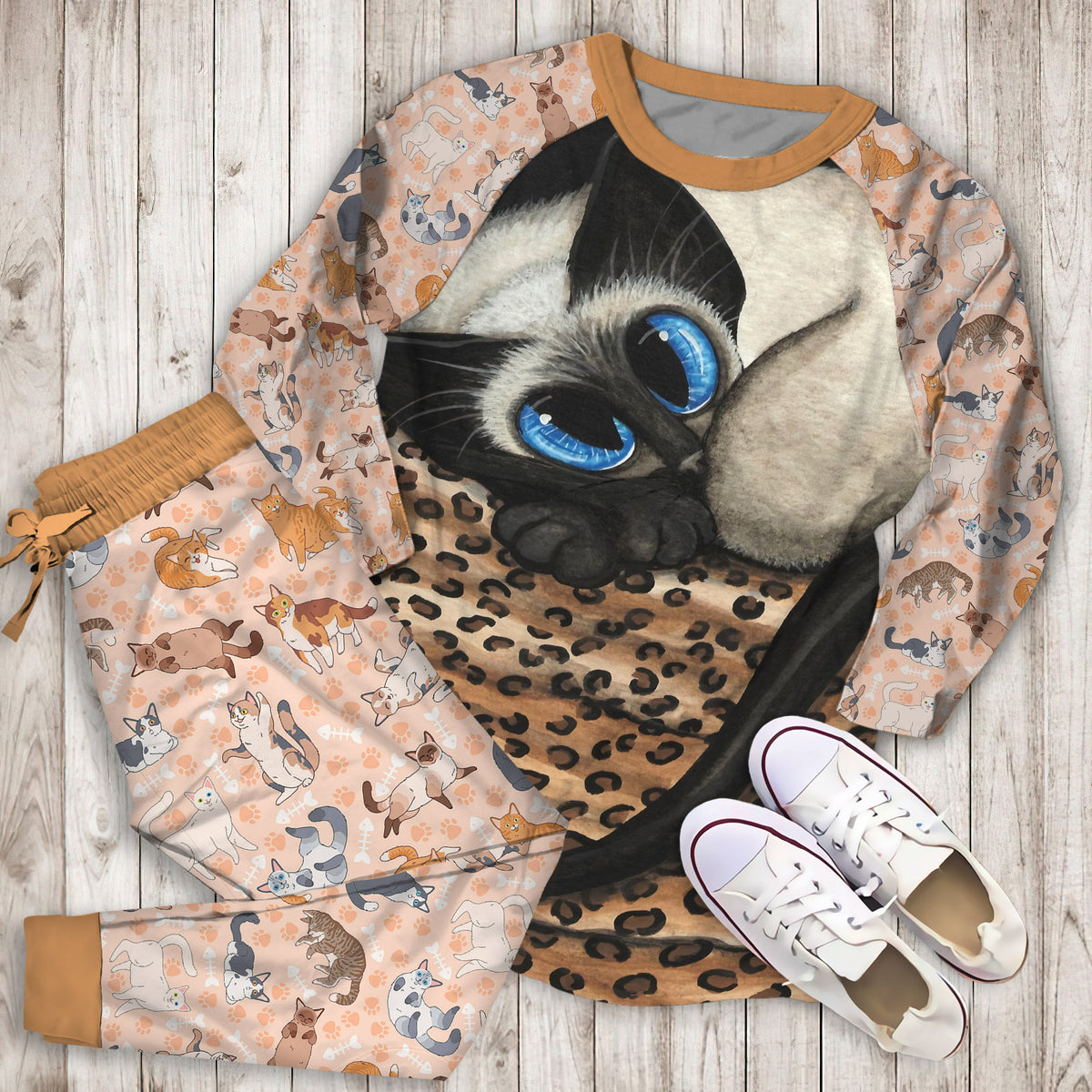 Cat Siamese Pajama Set |Sleepwear Pjs Sets | Raglan Shirt Pants Set