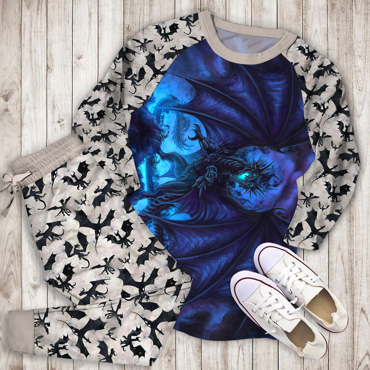 Dark Blue Dragon Pajama Set |Sleepwear Pjs Sets | Raglan Shirt Pants Set