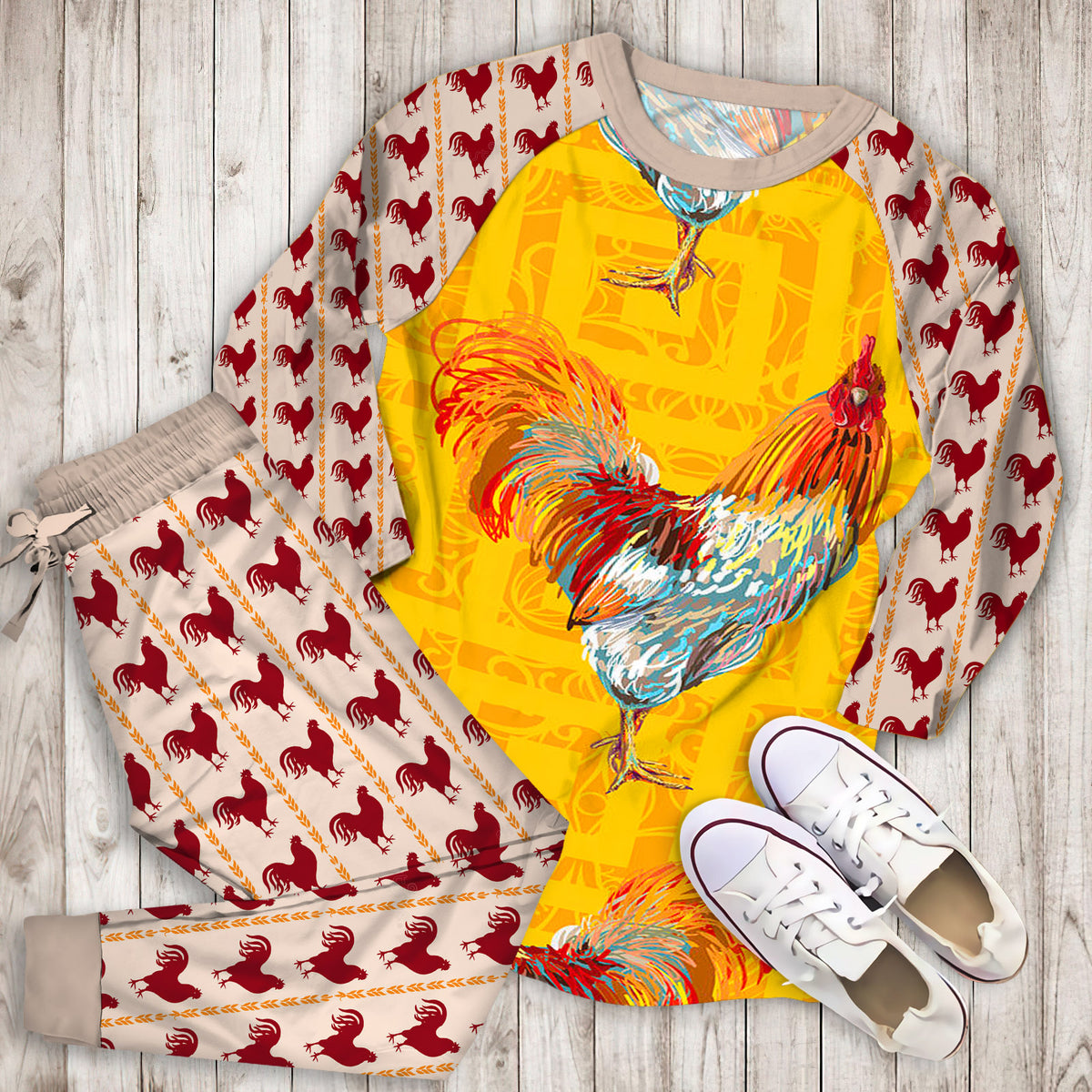 Rooster Pajama Set | Pajamas | Cotton Sleepwear Sets | Soft Long Sleeve Pjs | Raglan Shirt and Pants Set