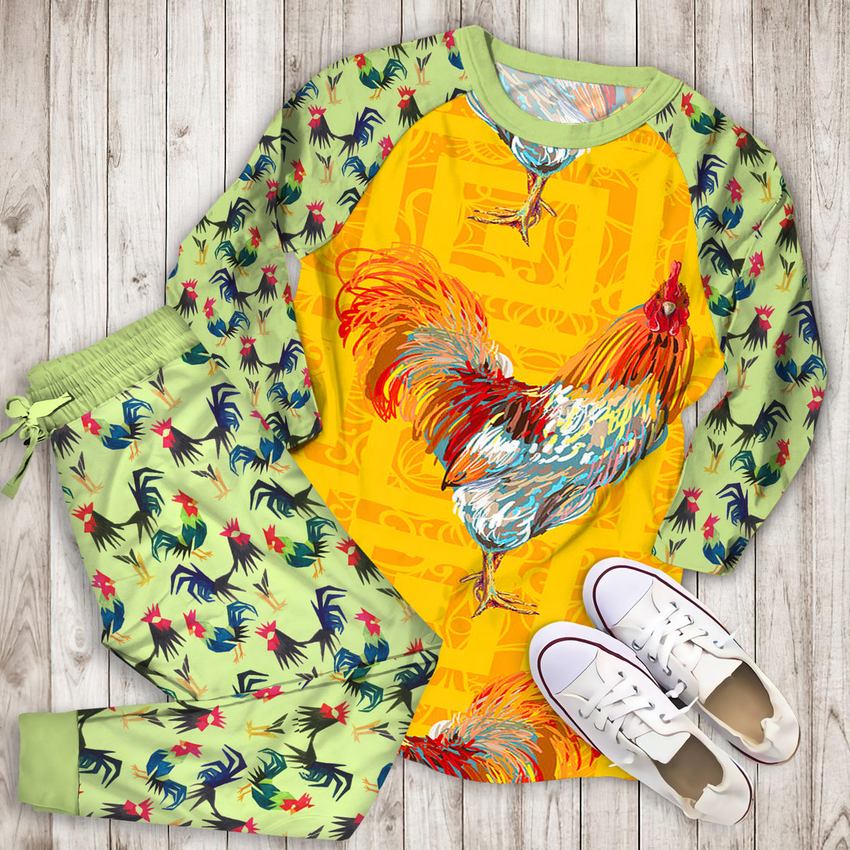 Rooster Pajama Set | Pajamas | Cotton Sleepwear Sets | Soft Long Sleeve Pjs | Raglan Shirt and Pants Set
