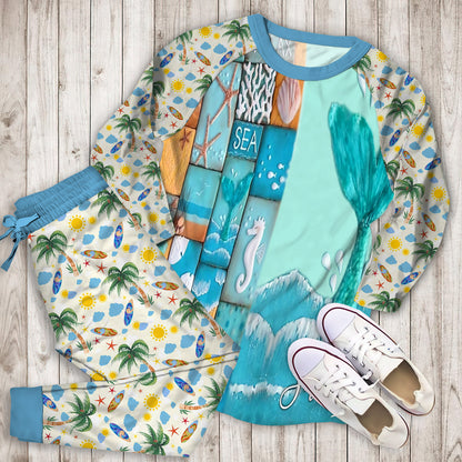 Beach Mermaid Tail Personalized Name Pajama Set |Sleepwear Pjs Sets | Raglan Shirt Pants Set