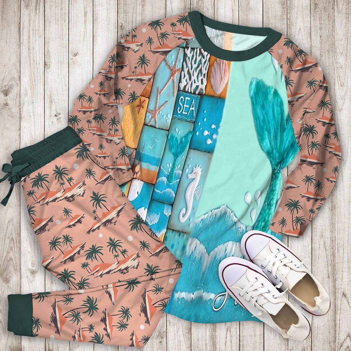 Beach Mermaid Tail Personalized Name Pajama Set |Sleepwear Pjs Sets | Raglan Shirt Pants Set