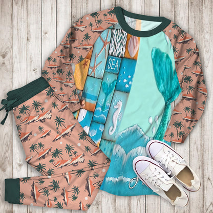 Beach Mermaid Tail Personalized Name Pajama Set |Sleepwear Pjs Sets | Raglan Shirt Pants Set