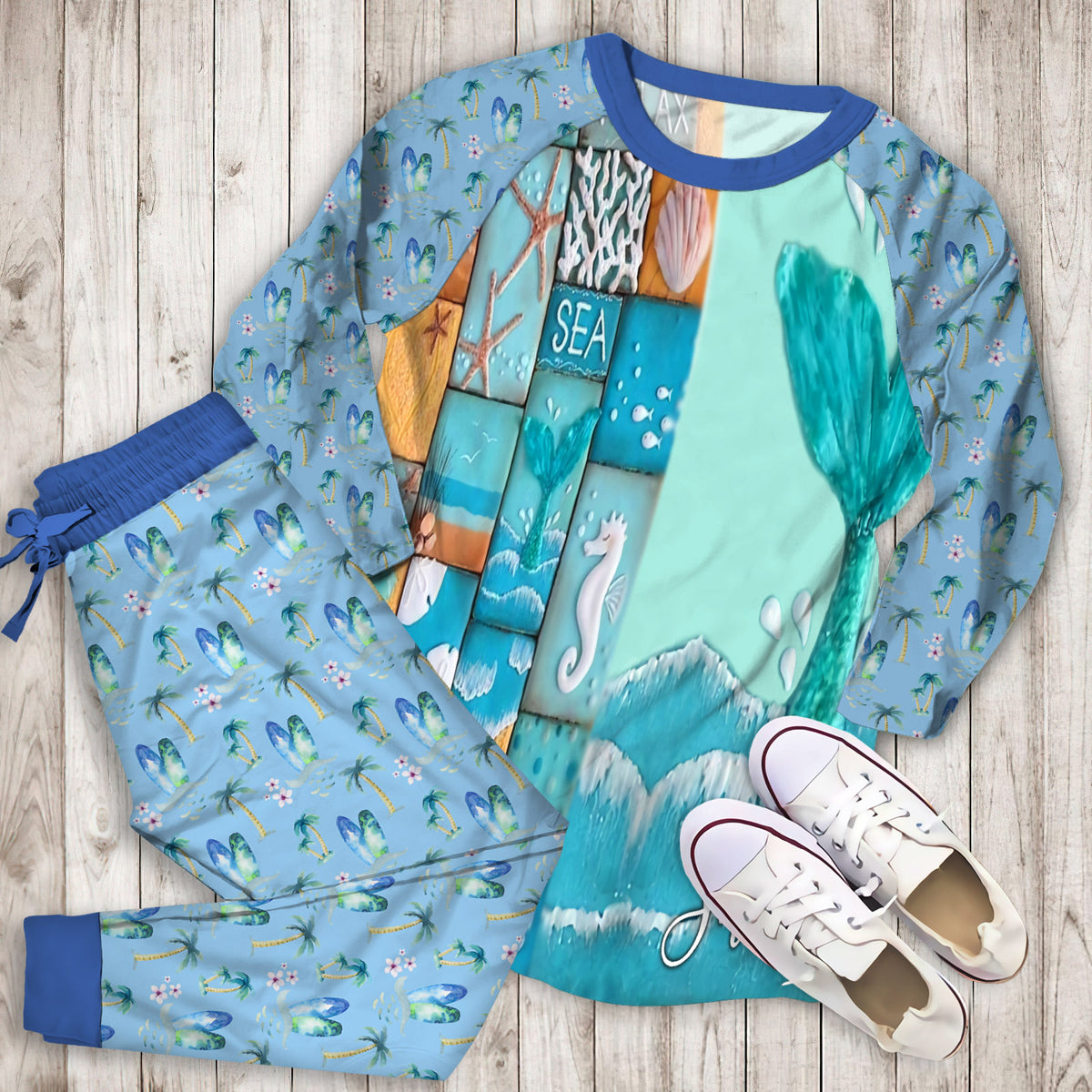 Beach Mermaid Tail Personalized Name Pajama Set |Sleepwear Pjs Sets | Raglan Shirt Pants Set