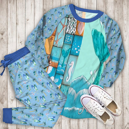 Beach Mermaid Tail Personalized Name Pajama Set |Sleepwear Pjs Sets | Raglan Shirt Pants Set