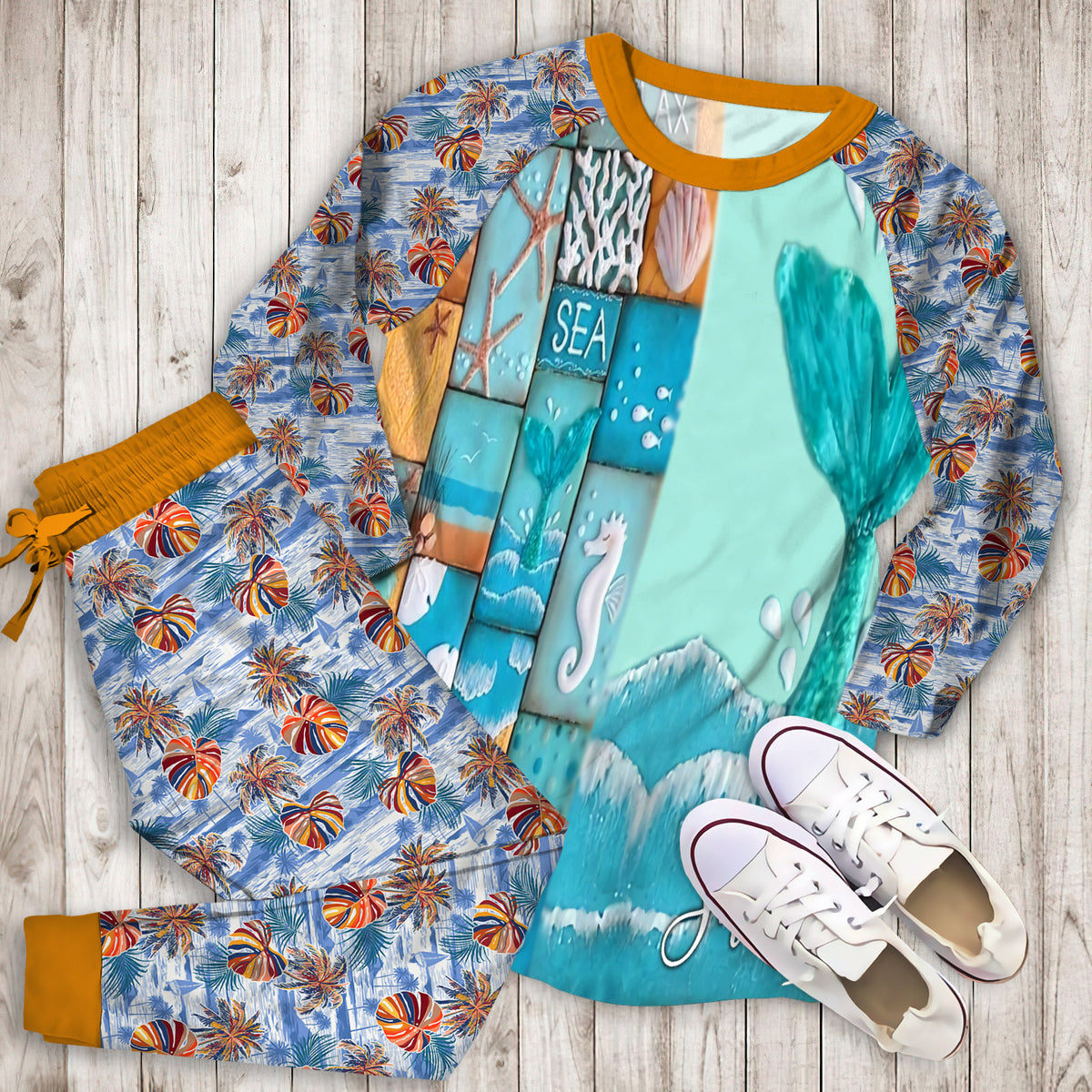 Beach Mermaid Tail Personalized Name Pajama Set |Sleepwear Pjs Sets | Raglan Shirt Pants Set