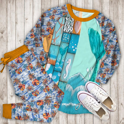Beach Mermaid Tail Personalized Name Pajama Set |Sleepwear Pjs Sets | Raglan Shirt Pants Set