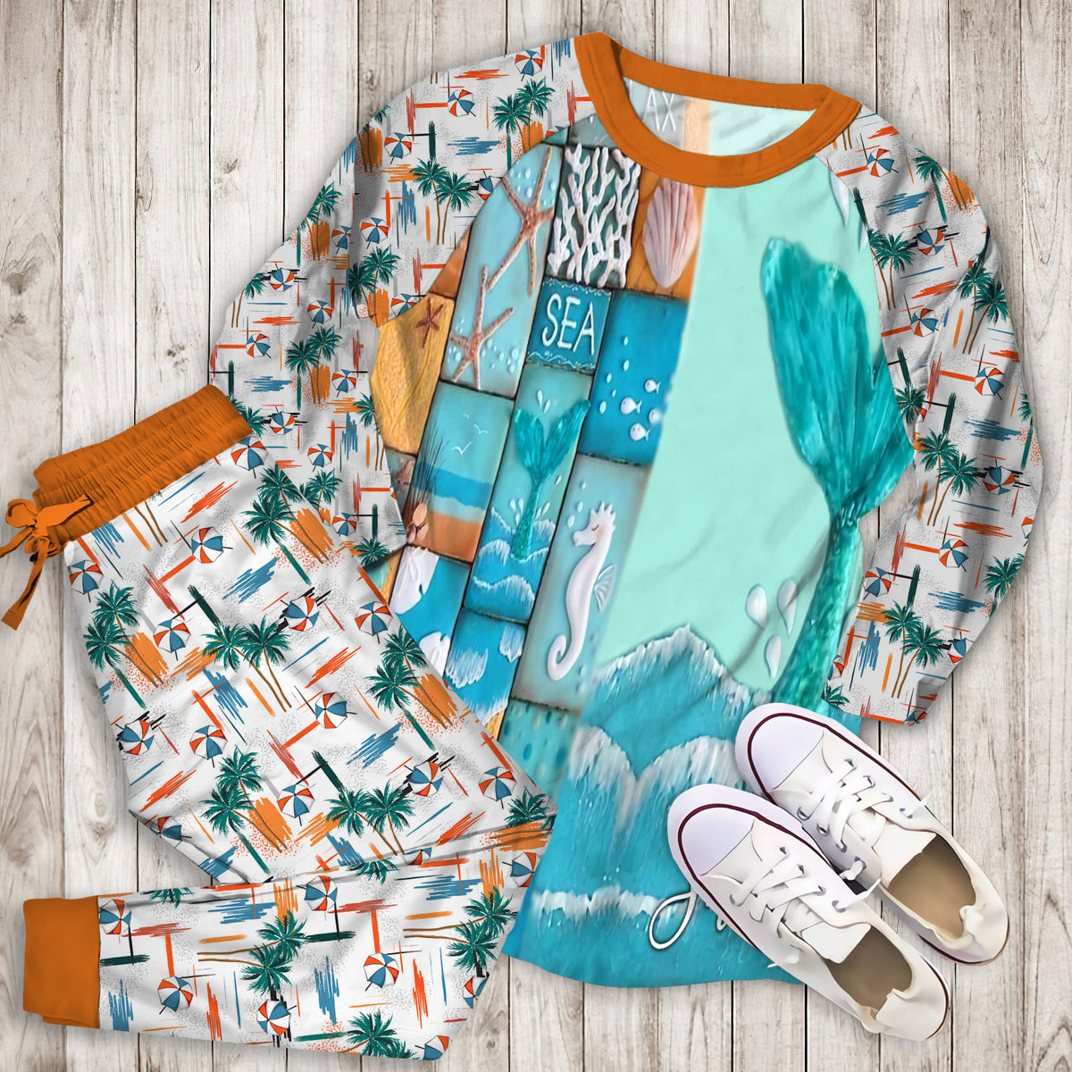 Beach Mermaid Tail Personalized Name Pajama Set |Sleepwear Pjs Sets | Raglan Shirt Pants Set