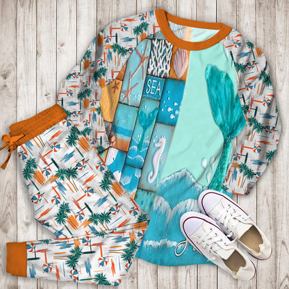 Beach Mermaid Tail Personalized Name Pajama Set |Sleepwear Pjs Sets | Raglan Shirt Pants Set