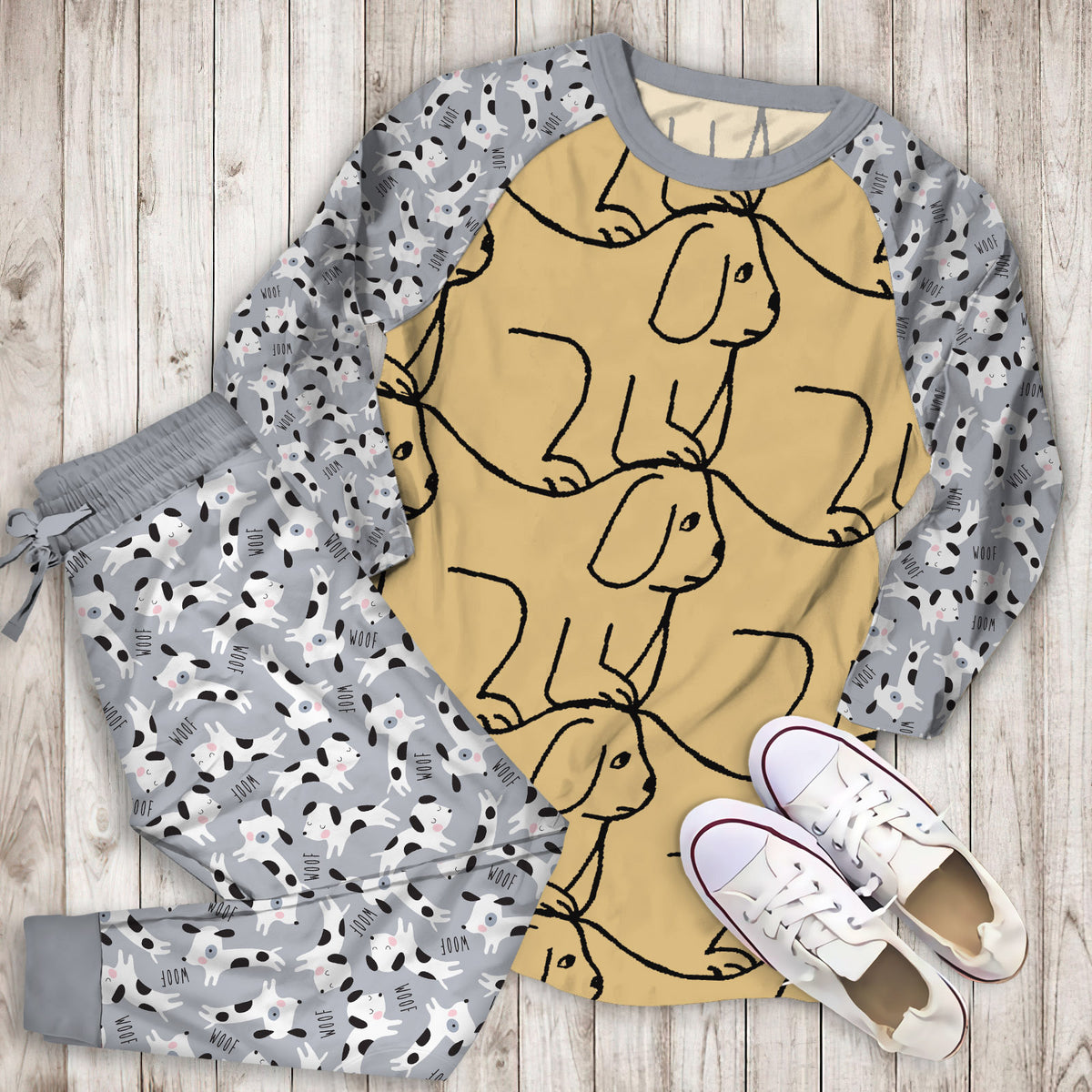 Dog Pajama Set | Pajamas | Cotton Sleepwear Sets | Soft Long Sleeve Pjs | Raglan Shirt and Pants Set