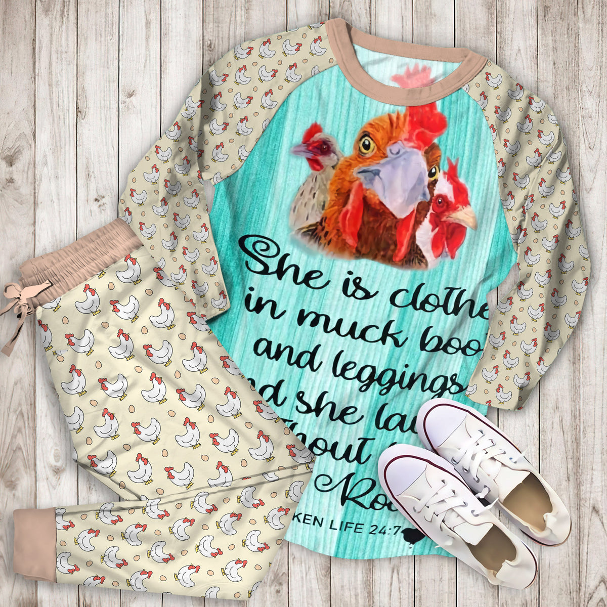 Chicken Lady Personalized Name Pajama Set |Sleepwear Pjs Sets | Raglan Shirt Pants Set