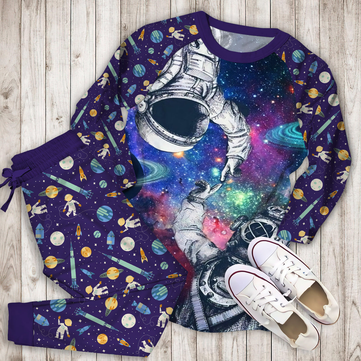 Astronaut Touching Pajama Set |Sleepwear Pjs Sets | Raglan Shirt Pants Set