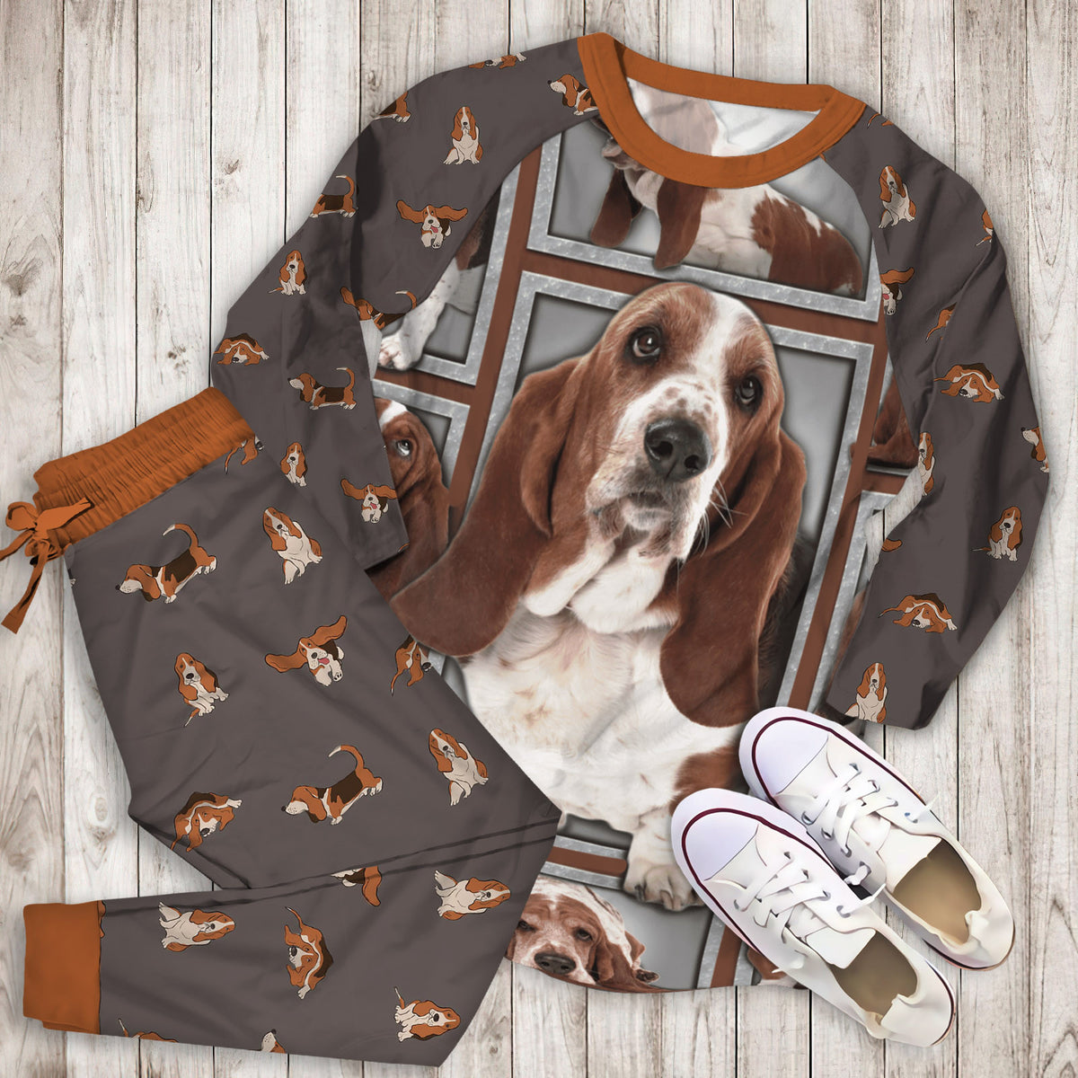 Basset Hound Pajama Set |Sleepwear Pjs Sets | Raglan Shirt Pants Set