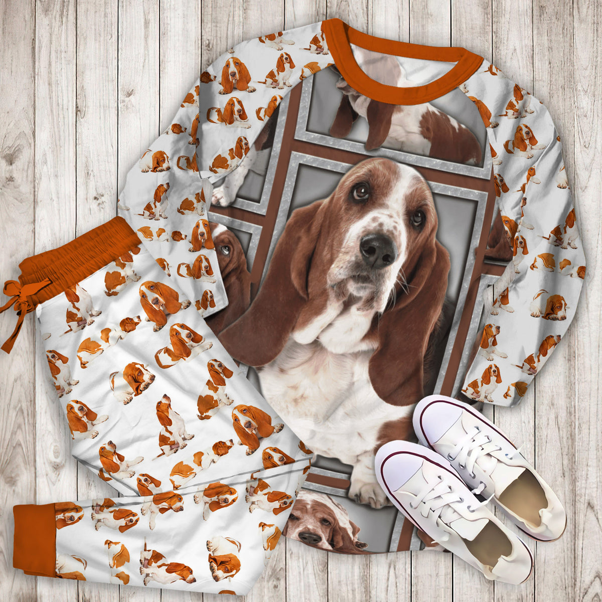 Basset Hound Pajama Set |Sleepwear Pjs Sets | Raglan Shirt Pants Set