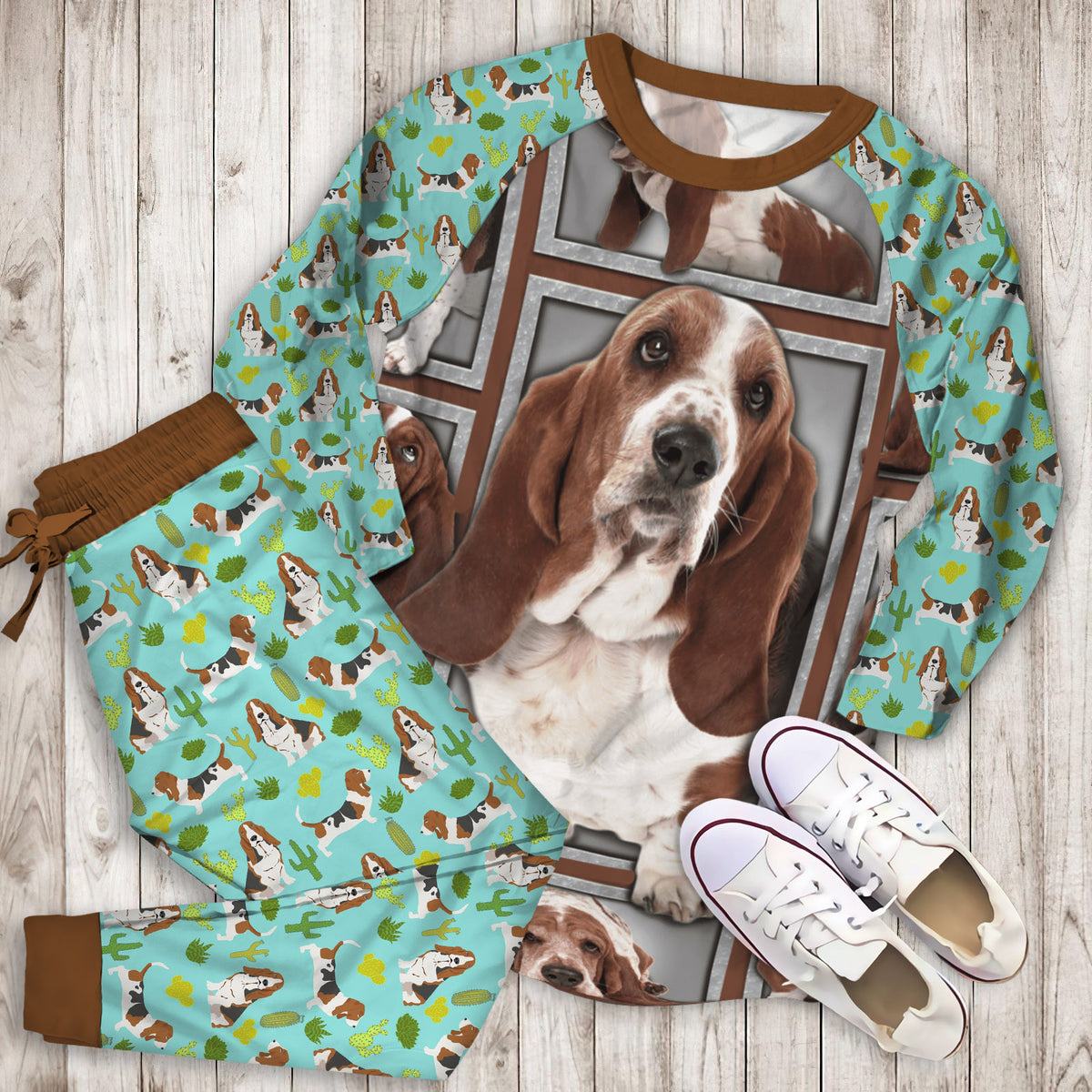 Basset Hound Pajama Set |Sleepwear Pjs Sets | Raglan Shirt Pants Set