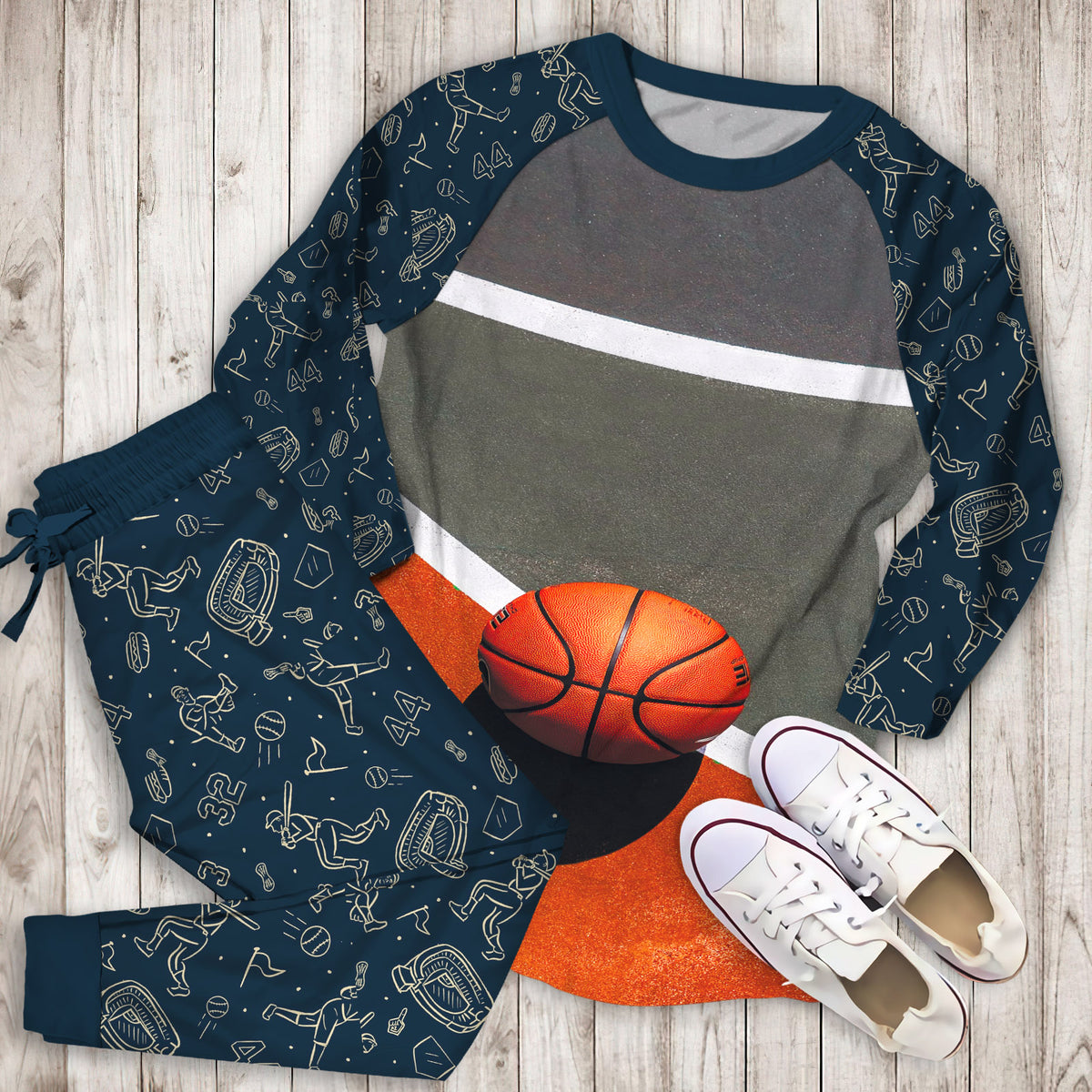 Yard Basketball Pajama Set | Pajamas | Cotton Sleepwear Sets | Soft Long Sleeve Pjs | Raglan Shirt and Pants Set