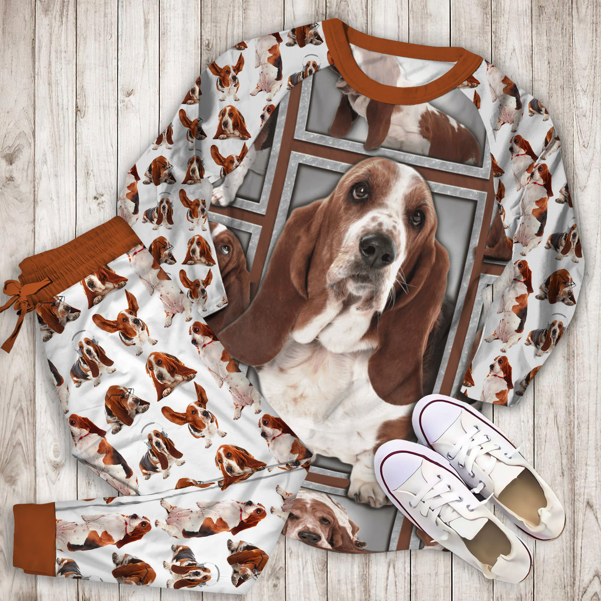 Basset Hound Pajama Set |Sleepwear Pjs Sets | Raglan Shirt Pants Set
