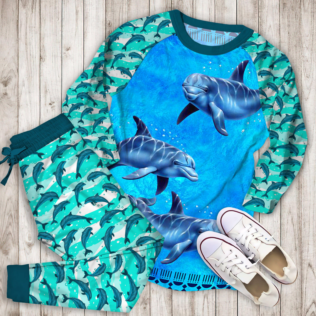 Dolphin Blue Pajama Set |Sleepwear Pjs Sets | Raglan Shirt Pants Set