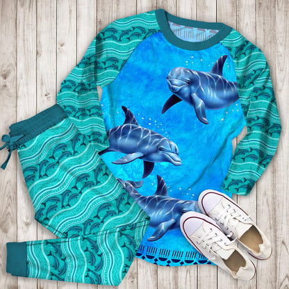 Dolphin Blue Pajama Set |Sleepwear Pjs Sets | Raglan Shirt Pants Set