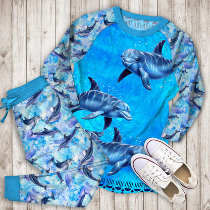Dolphin Blue Pajama Set |Sleepwear Pjs Sets | Raglan Shirt Pants Set