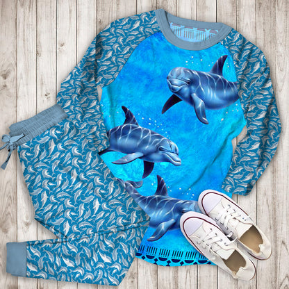 Dolphin Blue Pajama Set |Sleepwear Pjs Sets | Raglan Shirt Pants Set