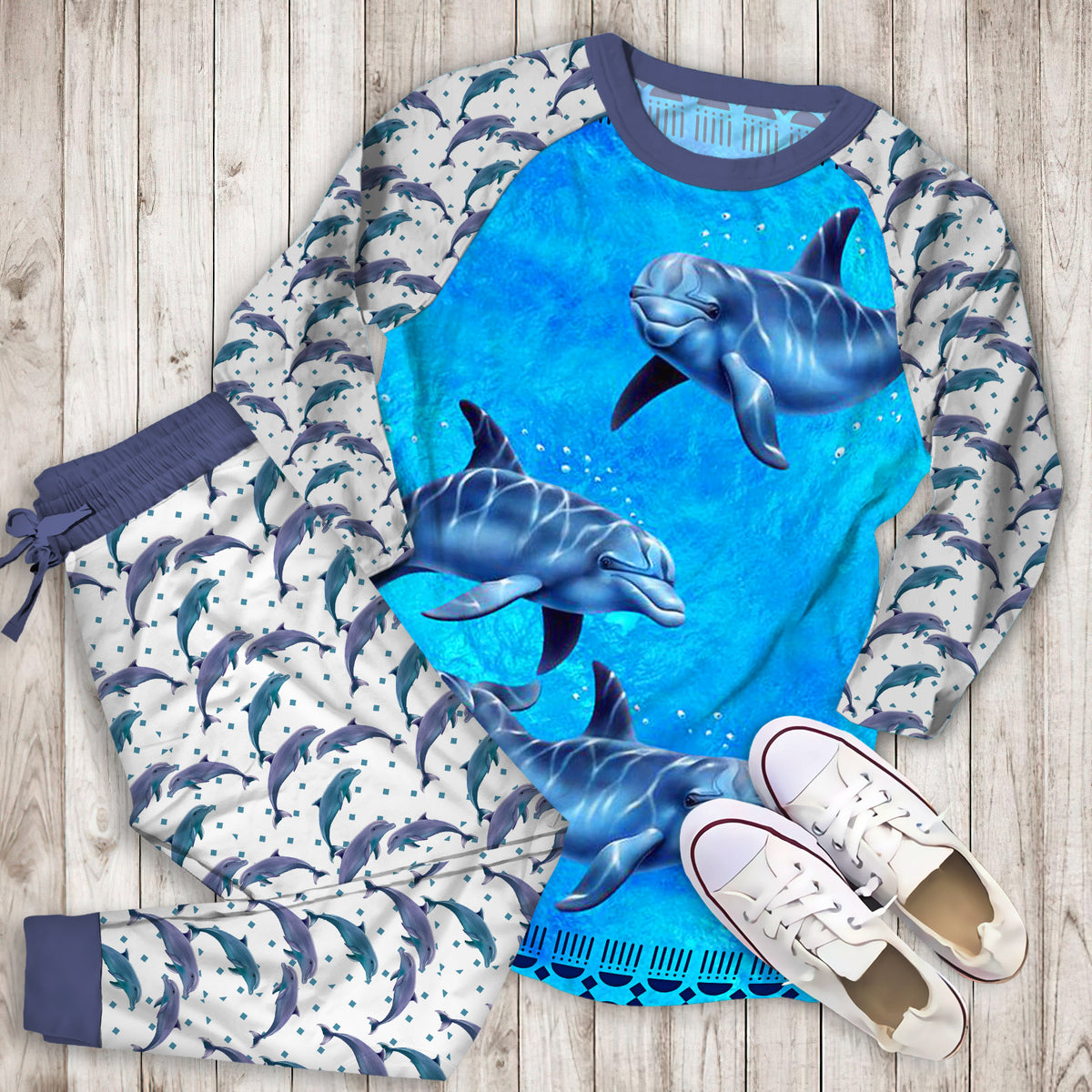 Dolphin Blue Pajama Set |Sleepwear Pjs Sets | Raglan Shirt Pants Set