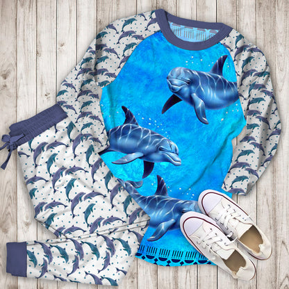 Dolphin Blue Pajama Set |Sleepwear Pjs Sets | Raglan Shirt Pants Set