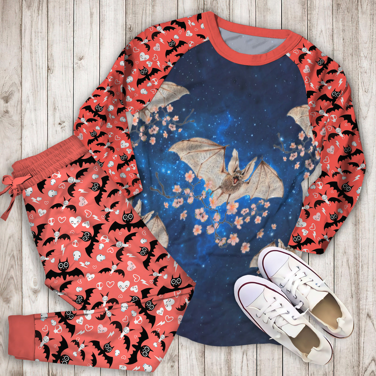 Bat Night Pajama Set | Pajamas | Cotton Sleepwear Sets | Soft Long Sleeve Pjs | Raglan Shirt and Pants Set