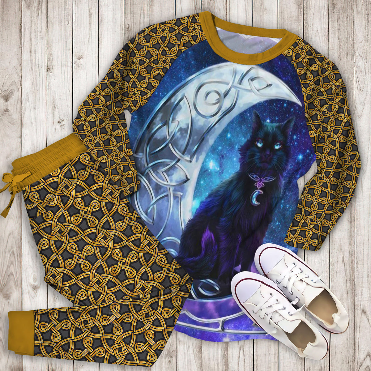 Celtic Moon Cat Pajama Set | Pajamas | Cotton Sleepwear Sets | Soft Long Sleeve Pjs | Raglan Shirt and Pants Set