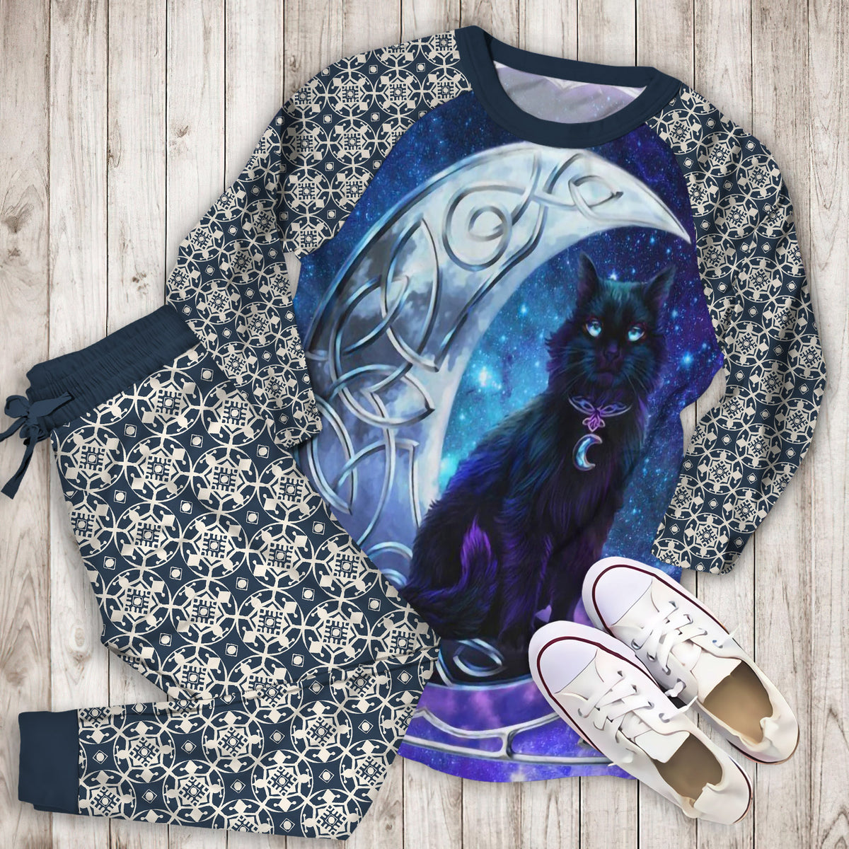 Celtic Moon Cat Pajama Set | Pajamas | Cotton Sleepwear Sets | Soft Long Sleeve Pjs | Raglan Shirt and Pants Set