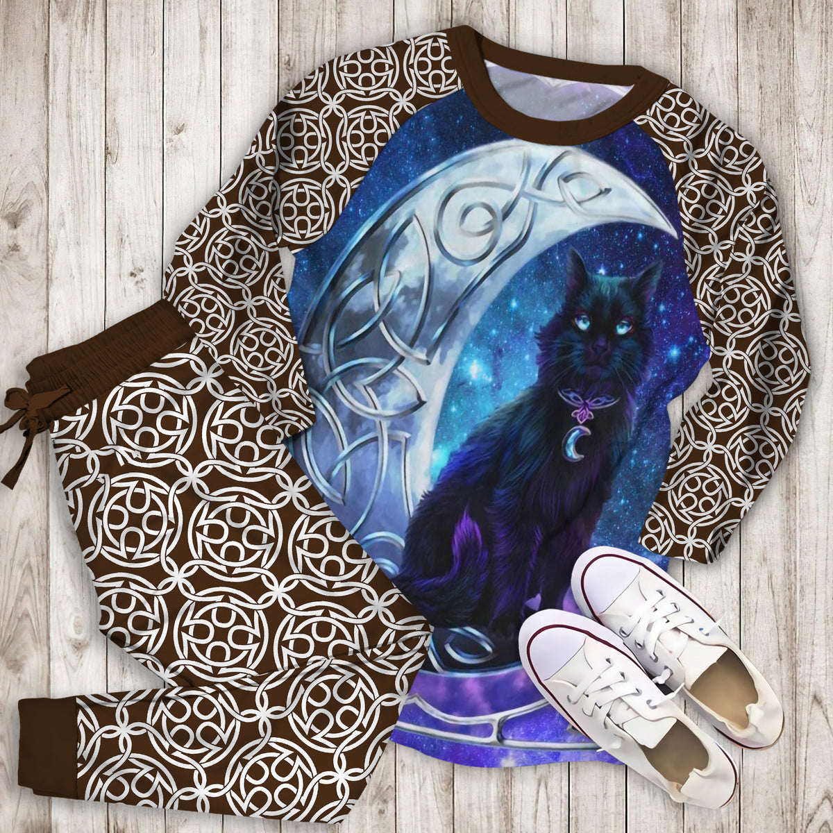 Celtic Moon Cat Pajama Set | Pajamas | Cotton Sleepwear Sets | Soft Long Sleeve Pjs | Raglan Shirt and Pants Set
