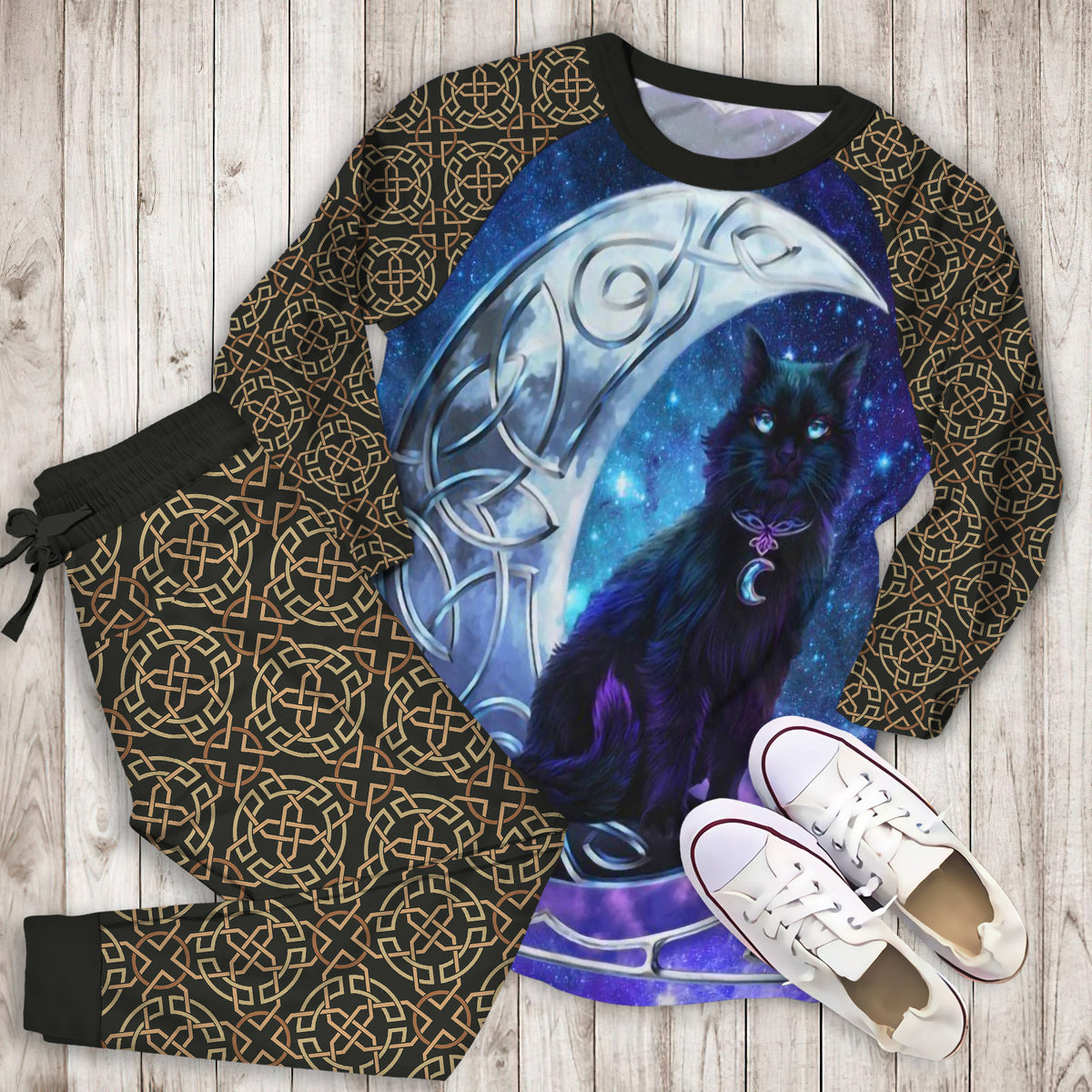 Celtic Moon Cat Pajama Set | Pajamas | Cotton Sleepwear Sets | Soft Long Sleeve Pjs | Raglan Shirt and Pants Set