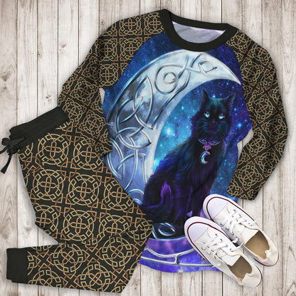Celtic Moon Cat Pajama Set | Pajamas | Cotton Sleepwear Sets | Soft Long Sleeve Pjs | Raglan Shirt and Pants Set
