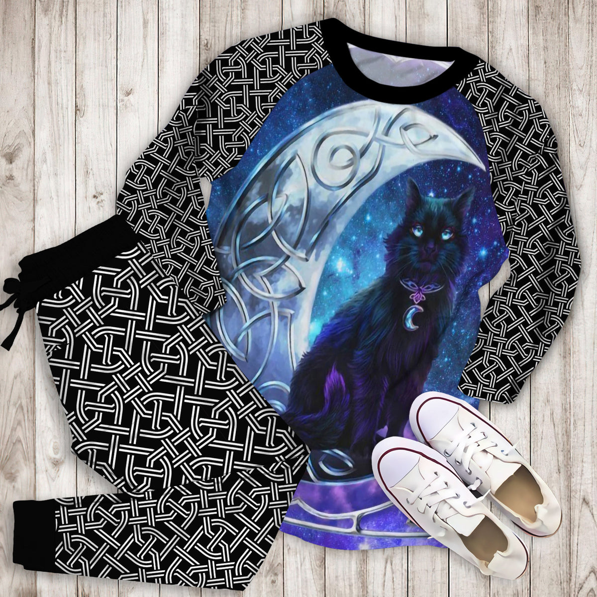 Celtic Moon Cat Pajama Set | Pajamas | Cotton Sleepwear Sets | Soft Long Sleeve Pjs | Raglan Shirt and Pants Set