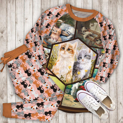 Vintage Sweet Cats Pajama Set | Pajamas | Cotton Sleepwear Sets | Soft Long Sleeve Pjs | Raglan Shirt and Pants Set