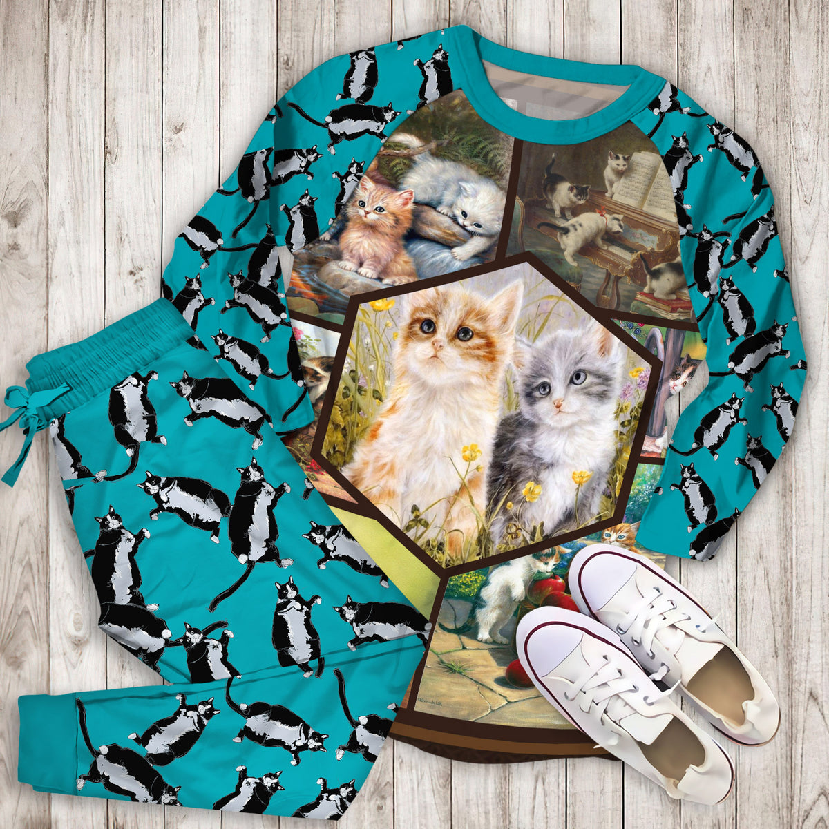 Vintage Sweet Cats Pajama Set | Pajamas | Cotton Sleepwear Sets | Soft Long Sleeve Pjs | Raglan Shirt and Pants Set