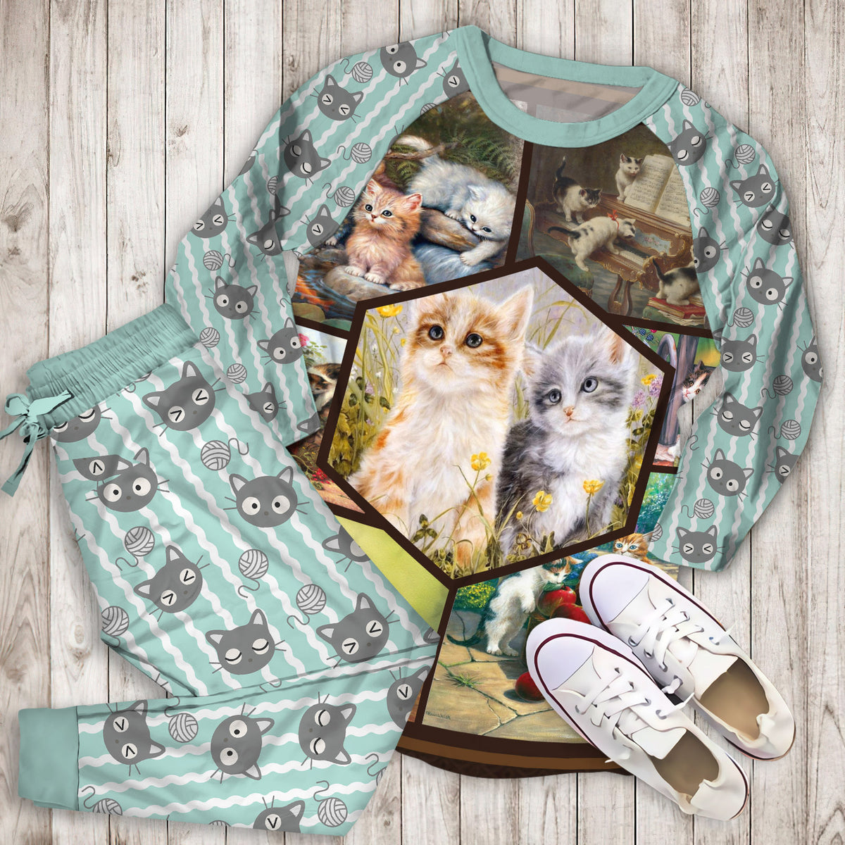 Vintage Sweet Cats Pajama Set | Pajamas | Cotton Sleepwear Sets | Soft Long Sleeve Pjs | Raglan Shirt and Pants Set