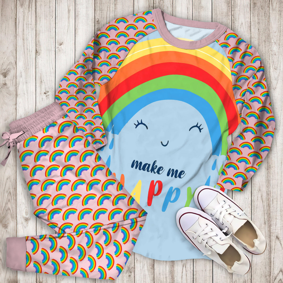 Rainbow Cloud Happy Pajama Set |Sleepwear Pjs Sets | Raglan Shirt Pants Set