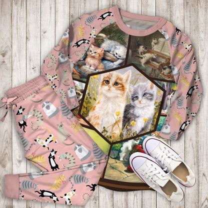 Vintage Sweet Cats Pajama Set | Pajamas | Cotton Sleepwear Sets | Soft Long Sleeve Pjs | Raglan Shirt and Pants Set