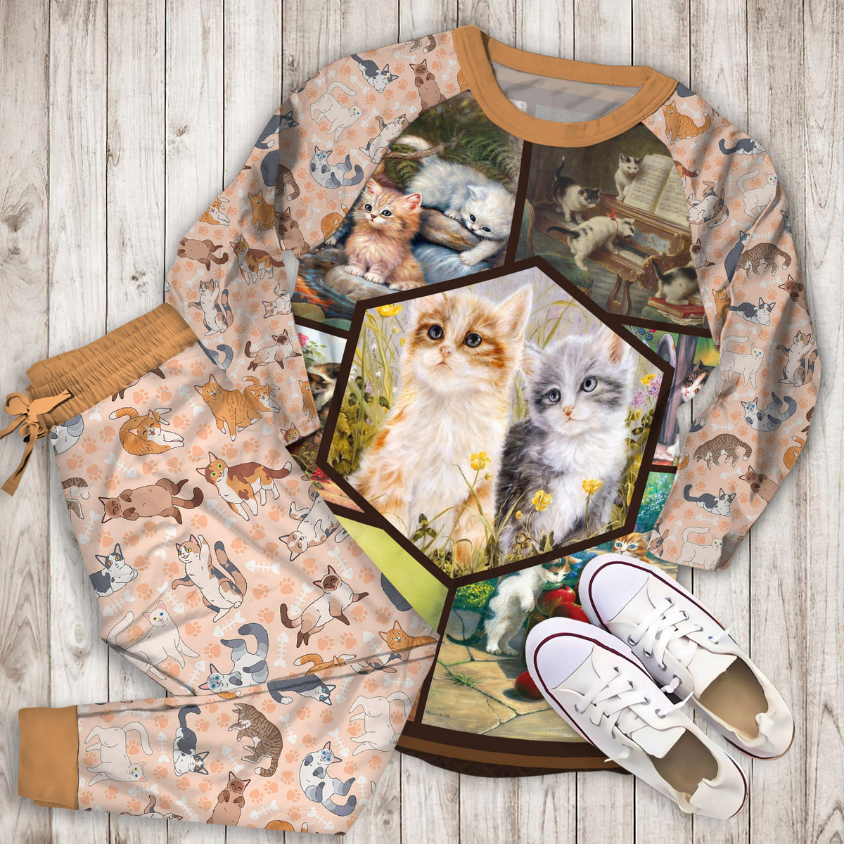 Vintage Sweet Cats Pajama Set | Pajamas | Cotton Sleepwear Sets | Soft Long Sleeve Pjs | Raglan Shirt and Pants Set