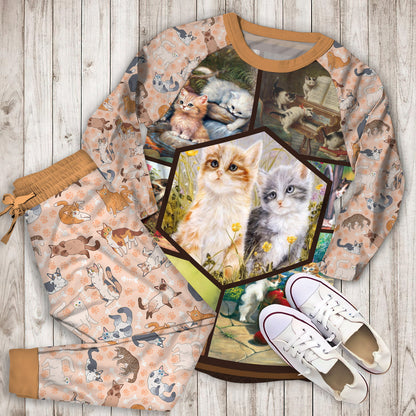 Vintage Sweet Cats Pajama Set | Pajamas | Cotton Sleepwear Sets | Soft Long Sleeve Pjs | Raglan Shirt and Pants Set