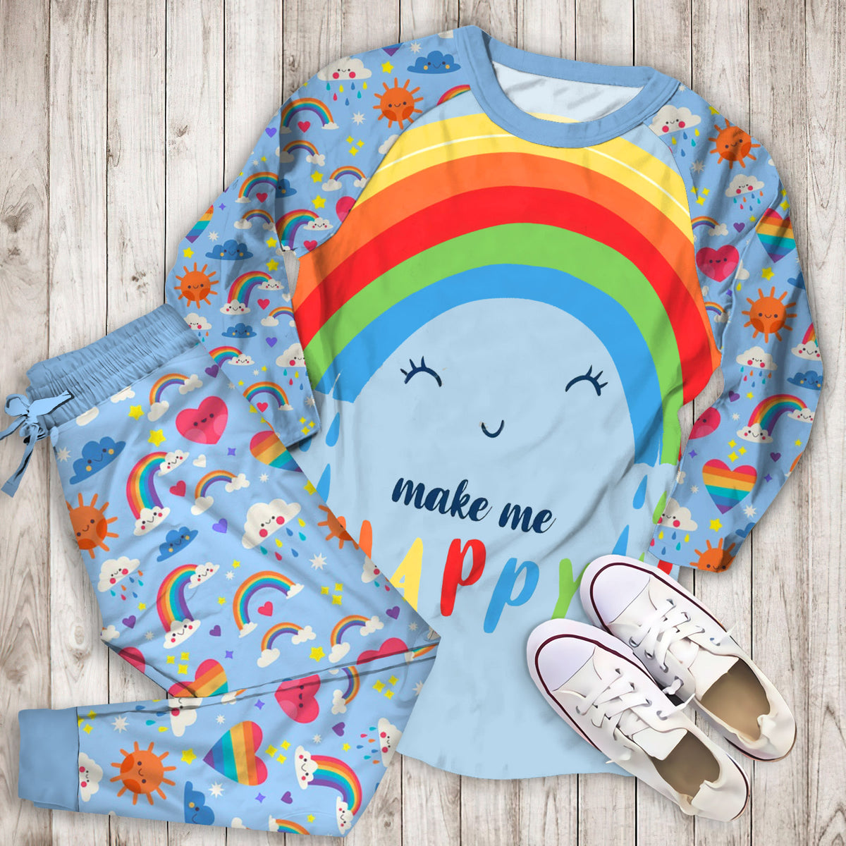 Rainbow Cloud Happy Pajama Set |Sleepwear Pjs Sets | Raglan Shirt Pants Set