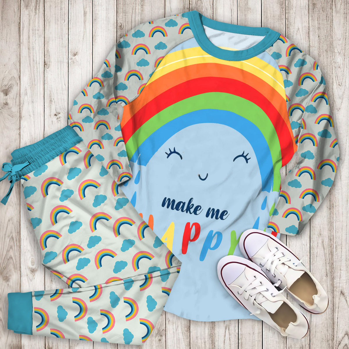 Rainbow Cloud Happy Pajama Set |Sleepwear Pjs Sets | Raglan Shirt Pants Set