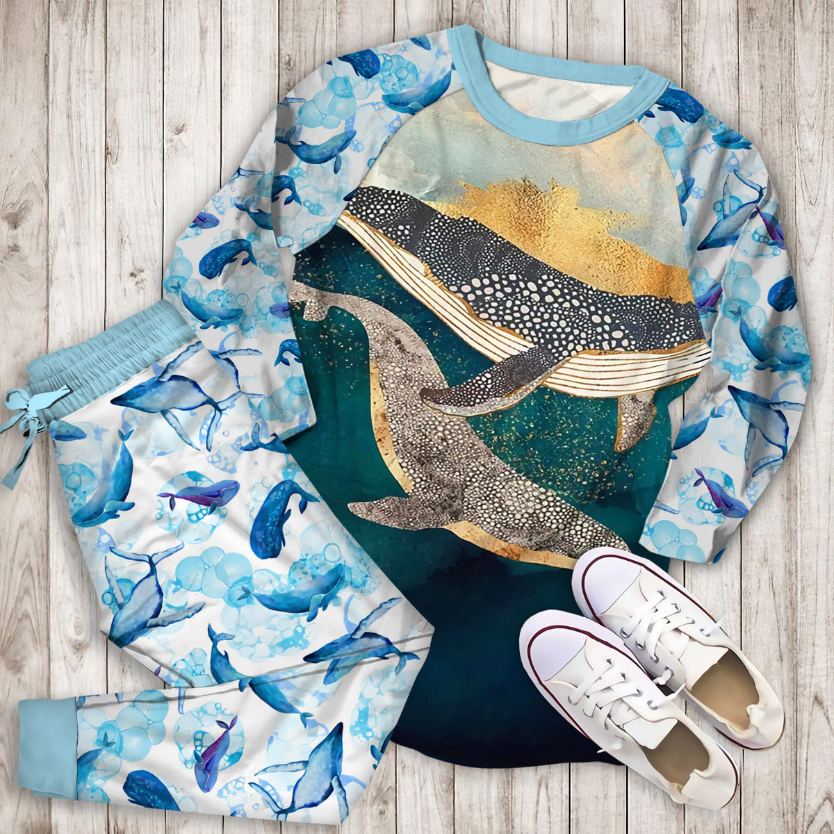 Whale Sky Pajama Set |Sleepwear Pjs Sets | Raglan Shirt Pants Set