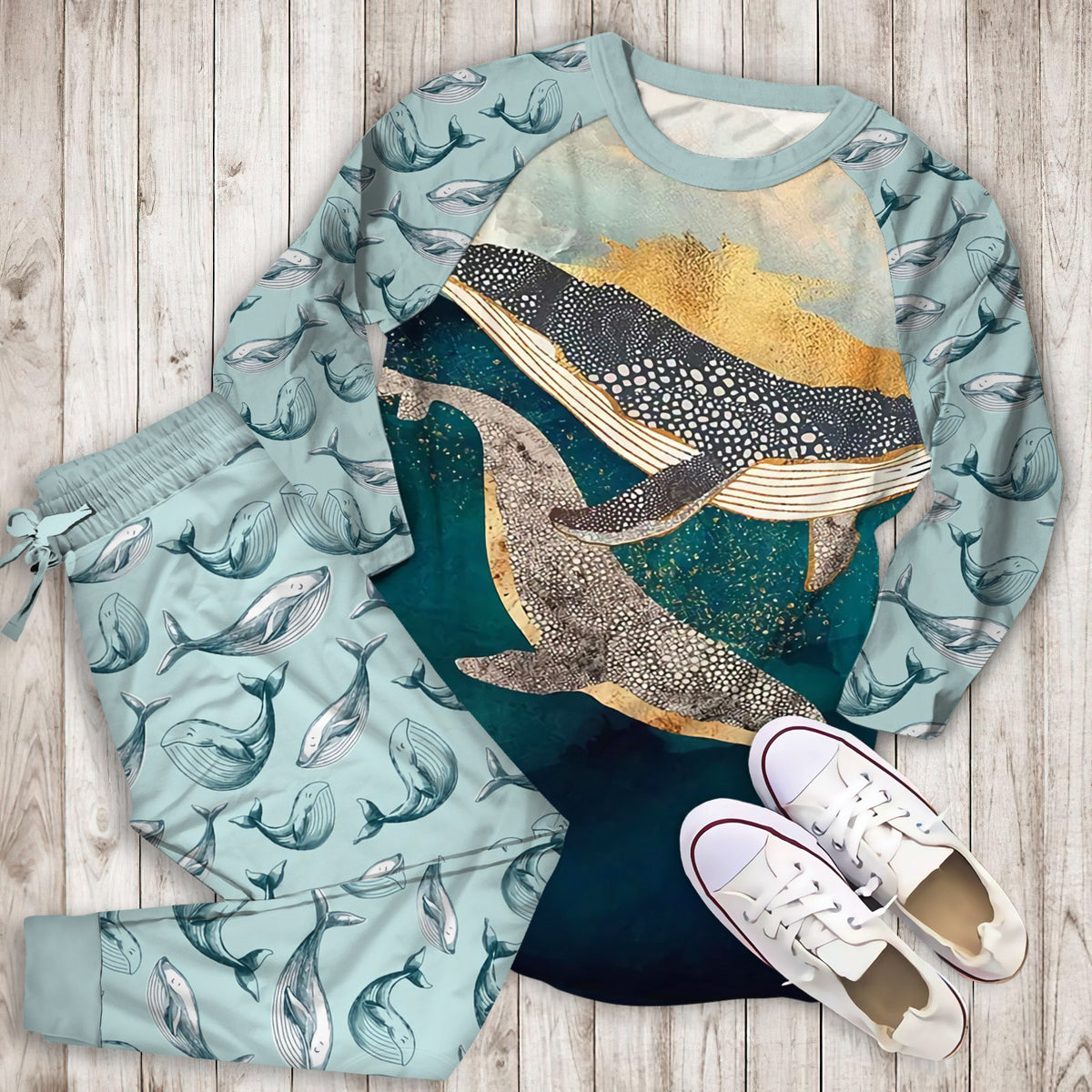 Whale Sky Pajama Set |Sleepwear Pjs Sets | Raglan Shirt Pants Set