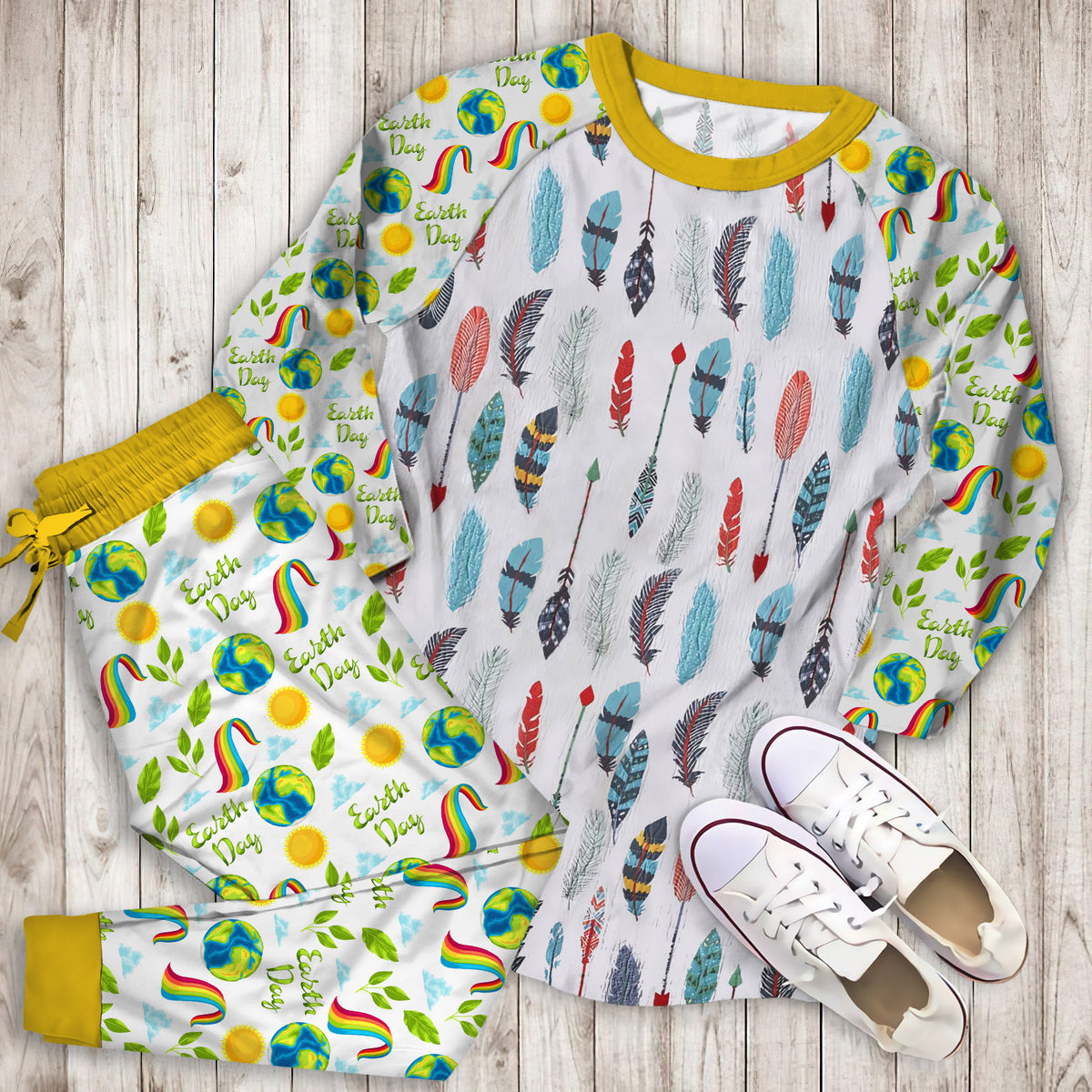 White Blue Earth Bright Pajama Set | Pajamas | Cotton Sleepwear Sets | Soft Long Sleeve Pjs | Raglan Shirt and Pants Set
